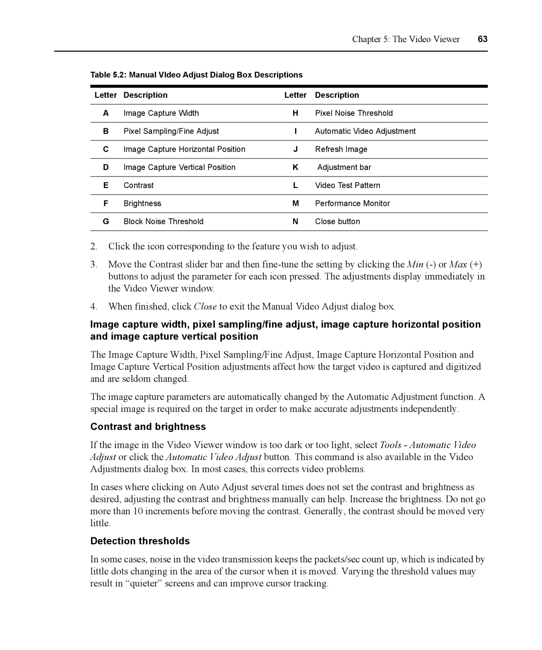 Avocent DSR1021 manual Contrast and brightness, Detection thresholds 