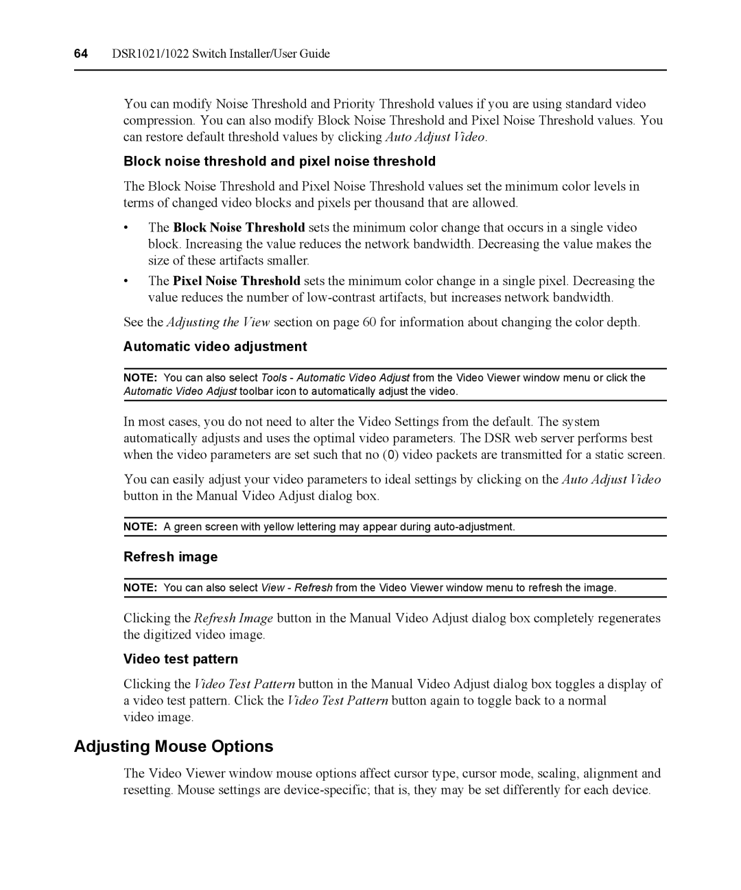 Avocent DSR1021 manual Adjusting Mouse Options, Block noise threshold and pixel noise threshold, Automatic video adjustment 