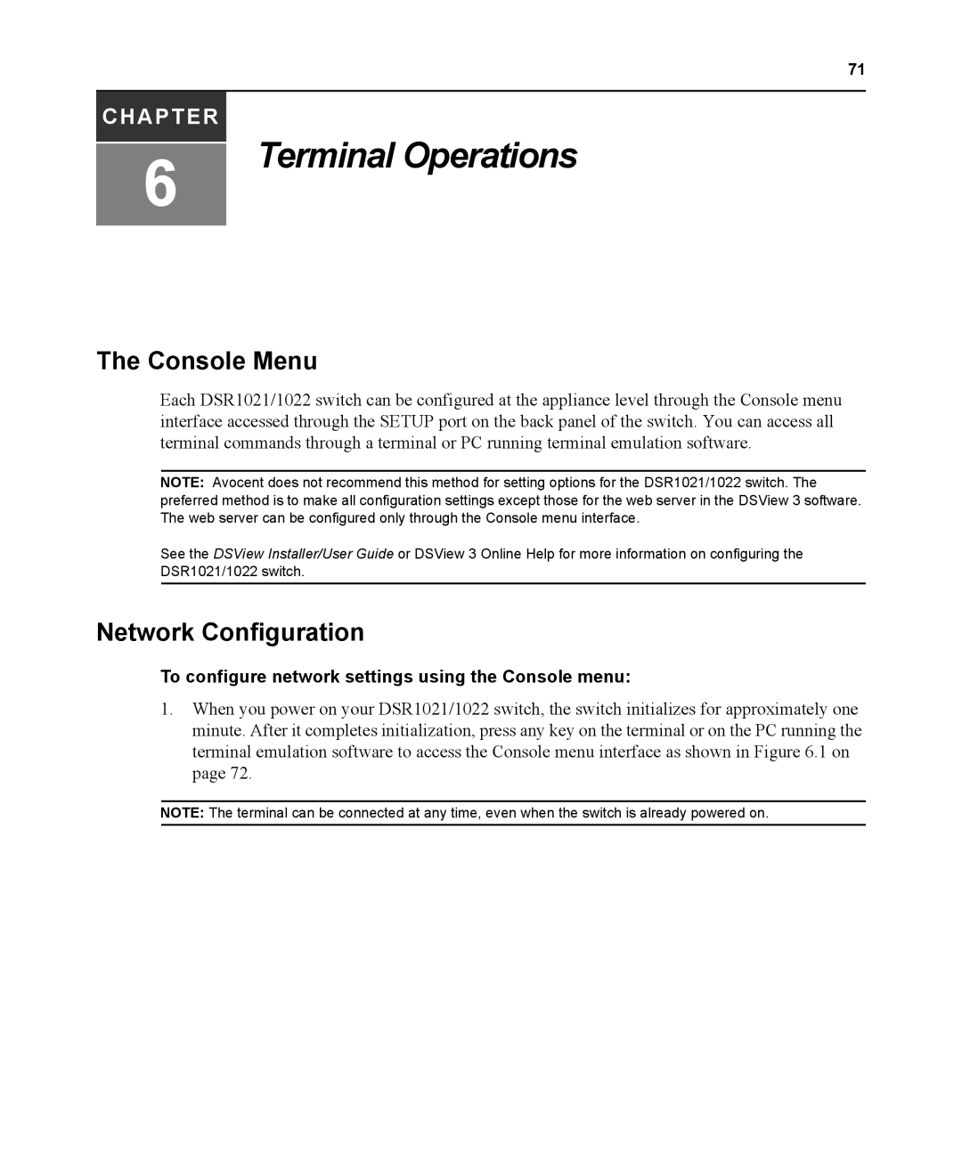 Avocent DSR1021 manual Console Menu, Network Configuration, To configure network settings using the Console menu 