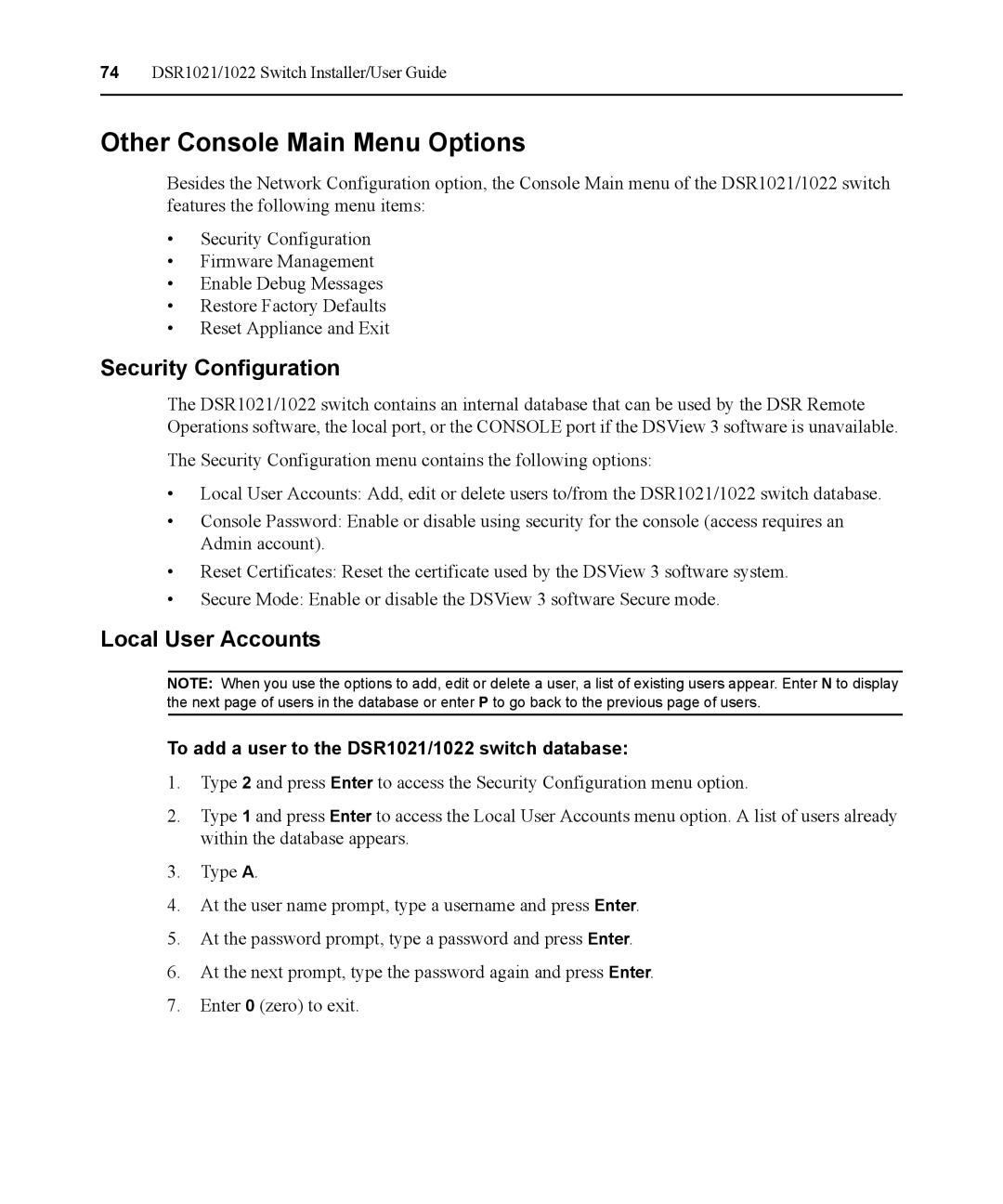 Avocent DSR1021 manual Other Console Main Menu Options, Security Configuration, Local User Accounts 