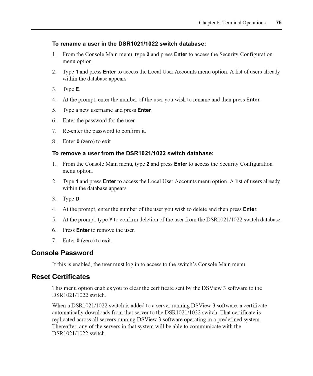 Avocent manual Console Password, Reset Certificates, To rename a user in the DSR1021/1022 switch database 