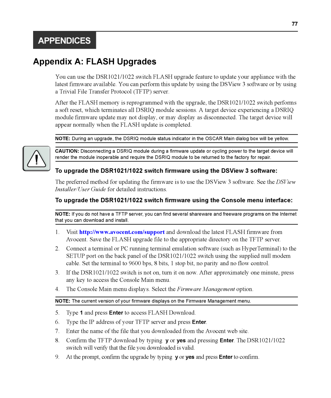 Avocent DSR1021 manual Appendices, Appendix a Flash Upgrades 