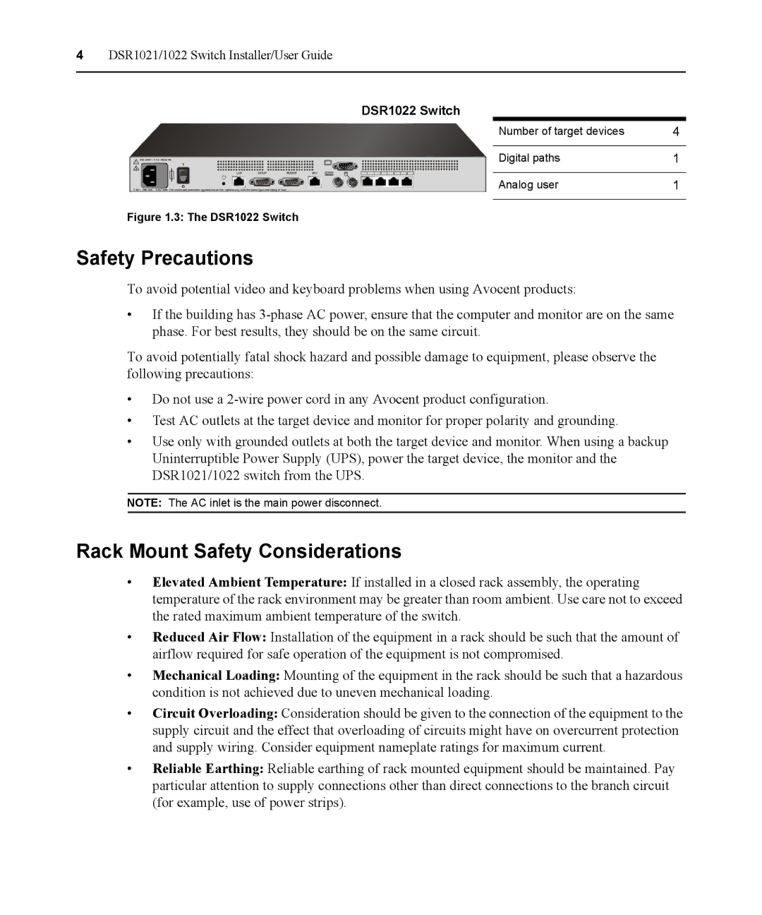 Avocent DSR1021 manual Safety Precautions, Rack Mount Safety Considerations 