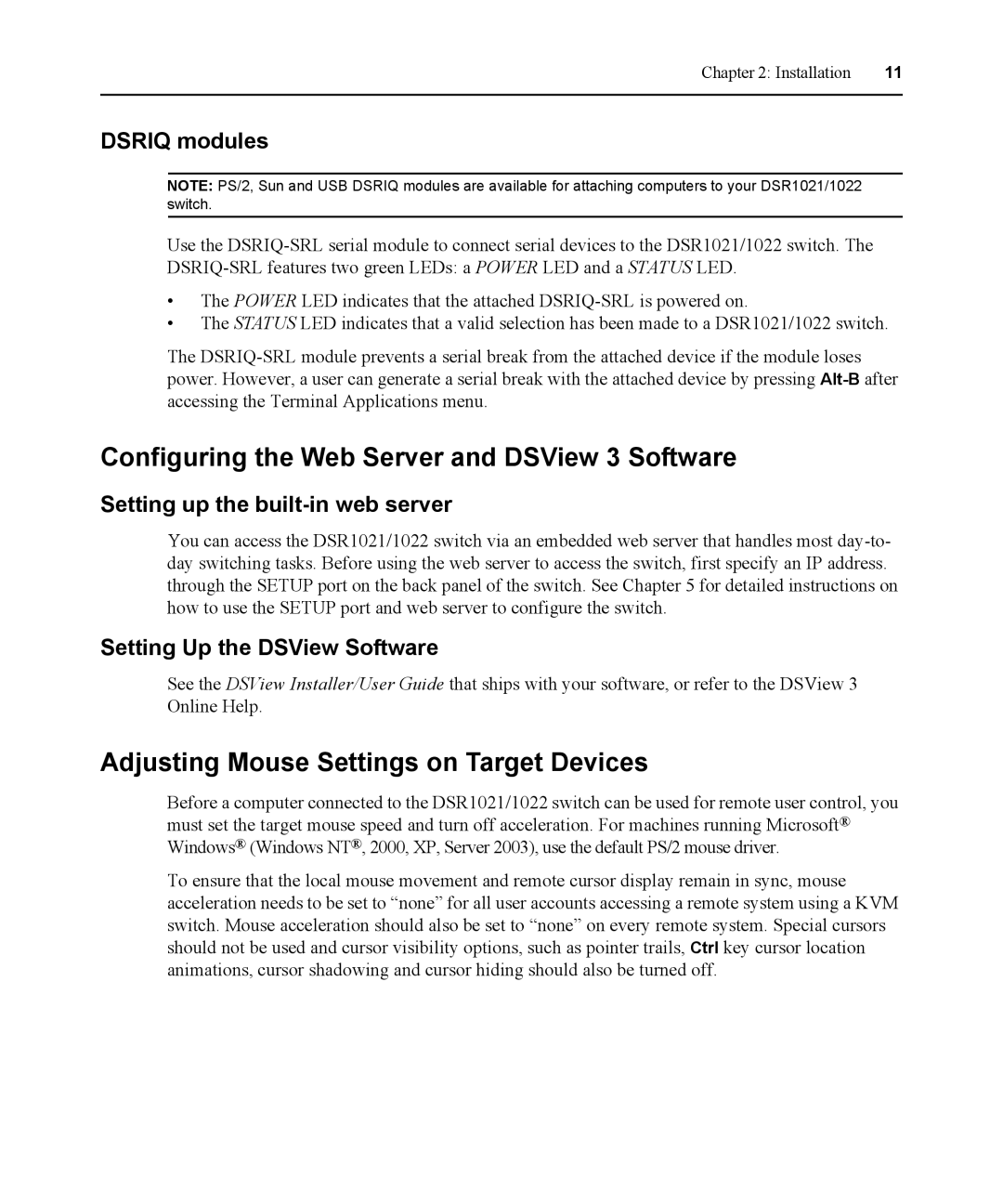 Avocent DSR1021 manual Configuring the Web Server and DSView 3 Software, Adjusting Mouse Settings on Target Devices 