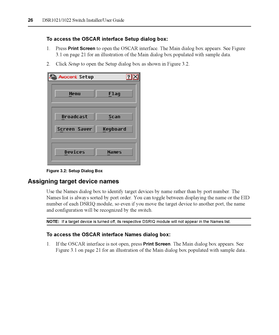 Avocent DSR1021 manual Assigning target device names, To access the Oscar interface Setup dialog box 