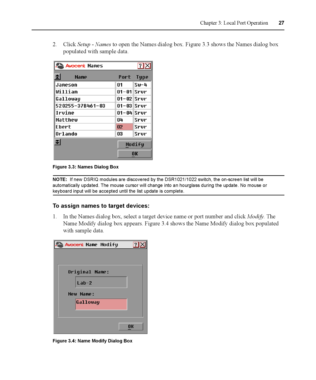 Avocent DSR1021 manual To assign names to target devices, Names Dialog Box 