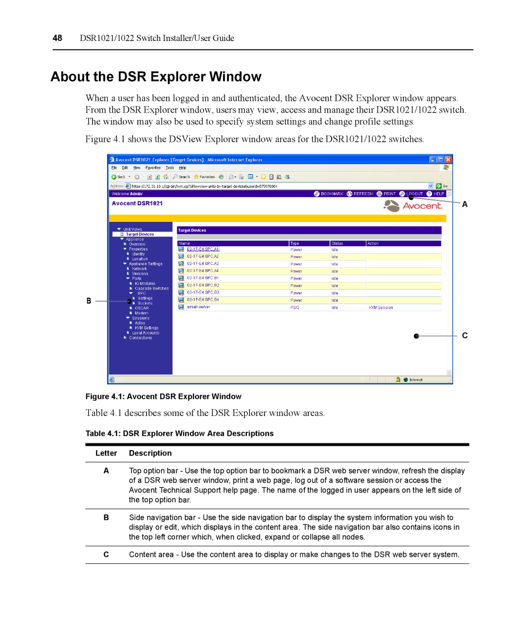 Avocent DSR1021 manual About the DSR Explorer Window, Describes some of the DSR Explorer window areas 