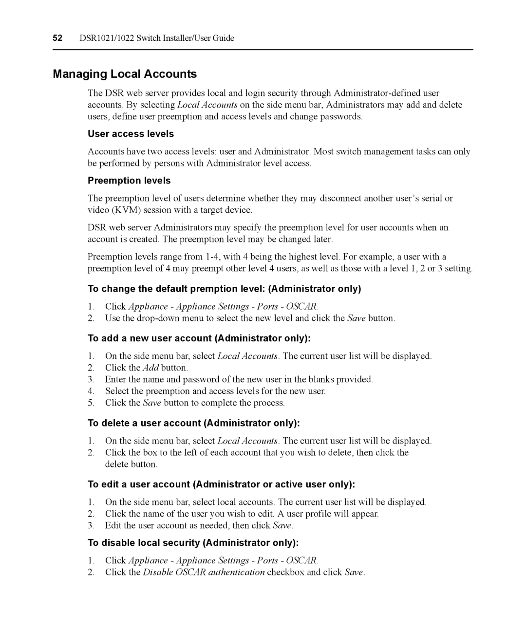 Avocent DSR1021 manual Managing Local Accounts 