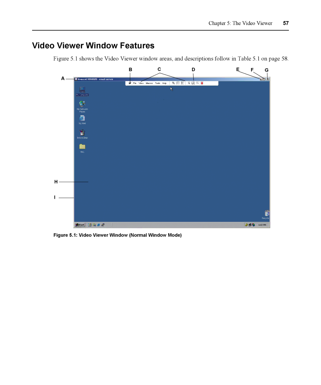 Avocent DSR1021 manual Video Viewer Window Features, Video Viewer Window Normal Window Mode 