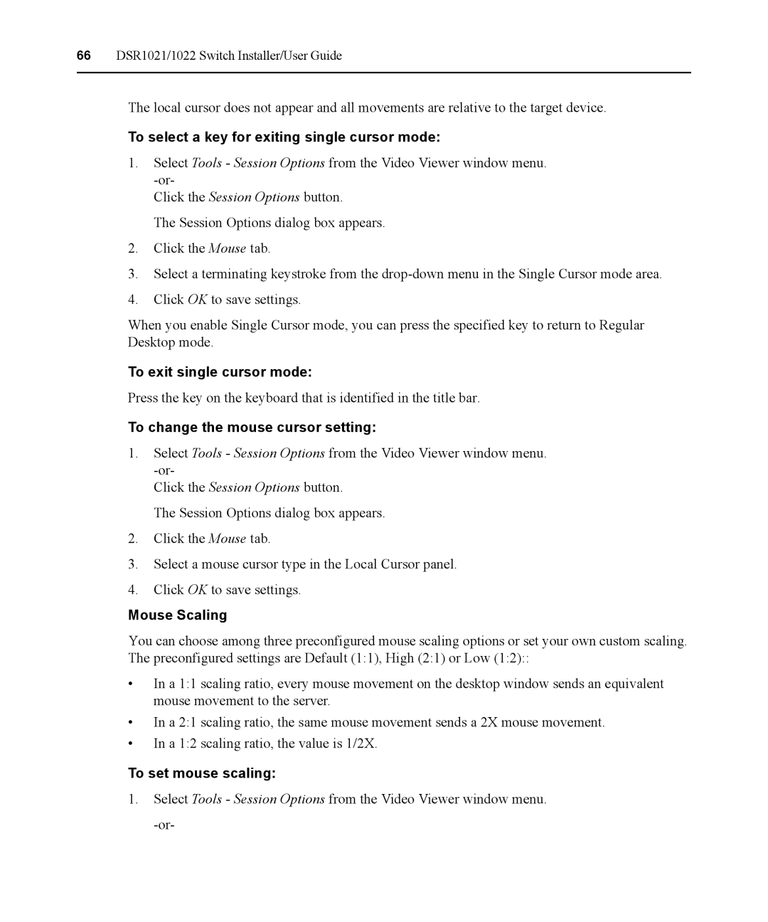 Avocent DSR1021 manual To select a key for exiting single cursor mode, To exit single cursor mode, Mouse Scaling 