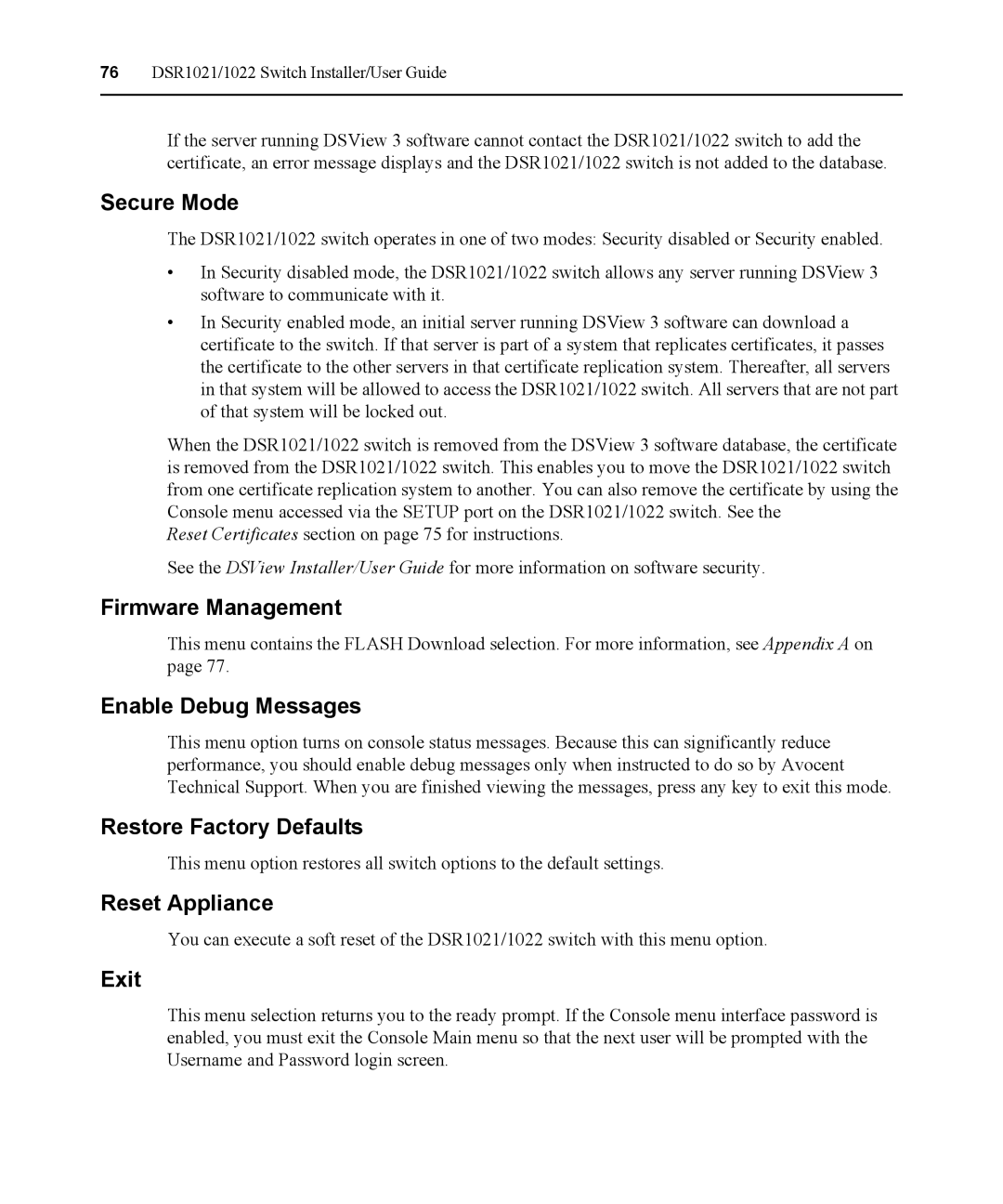 Avocent DSR1021 Secure Mode, Firmware Management, Enable Debug Messages, Restore Factory Defaults, Reset Appliance, Exit 