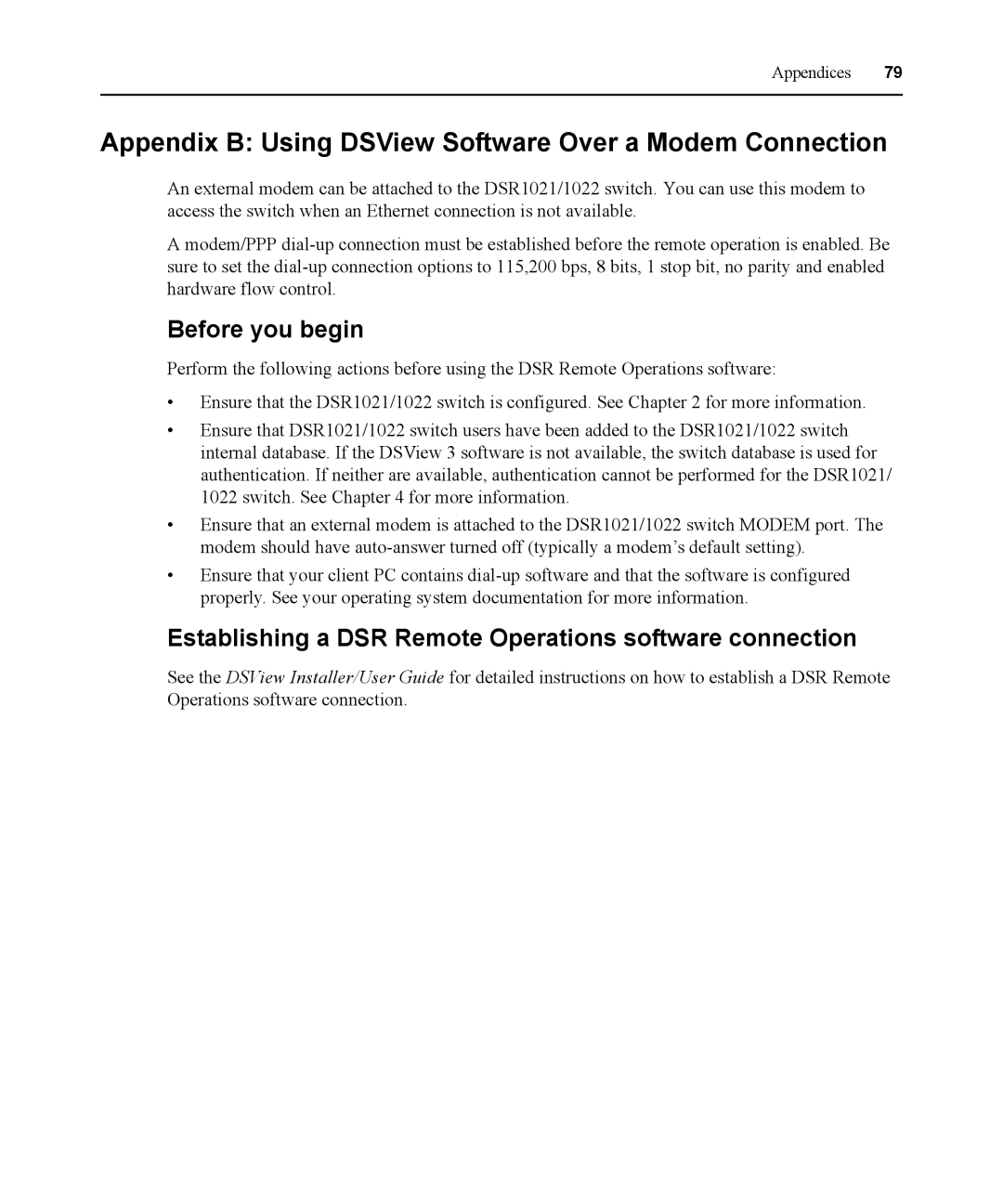 Avocent DSR1021 manual Appendix B Using DSView Software Over a Modem Connection, Before you begin 