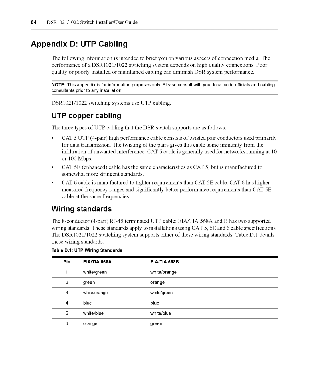 Avocent DSR1021 manual Appendix D UTP Cabling, UTP copper cabling 