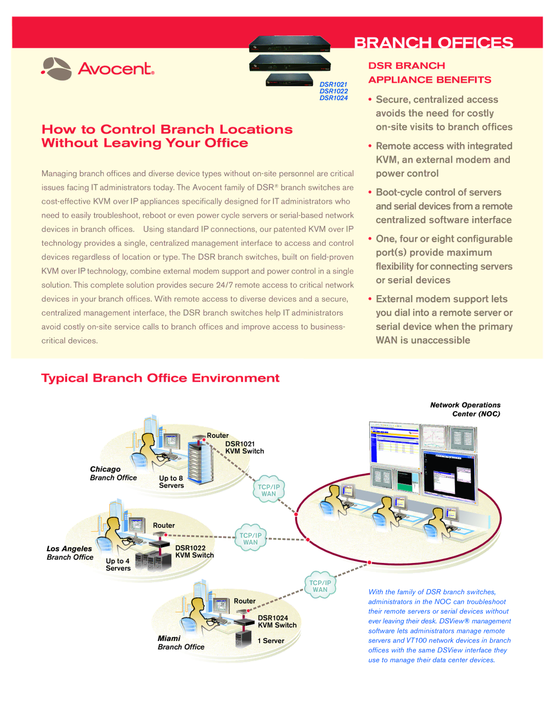 Avocent DSR1022 manual Branch Offices, How to Control Branch Locations Without Leaving Your Office 