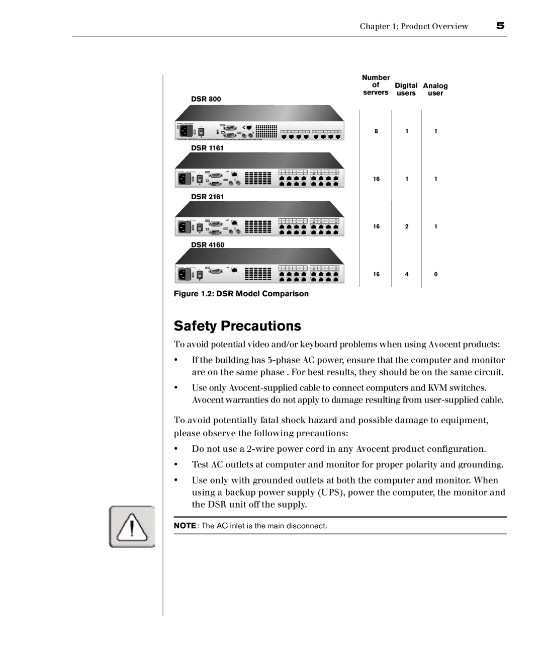 Avocent DSR2161, DSR1161, DSR4160, DSR800 manual Safety Precautions, DSR Model Comparison 