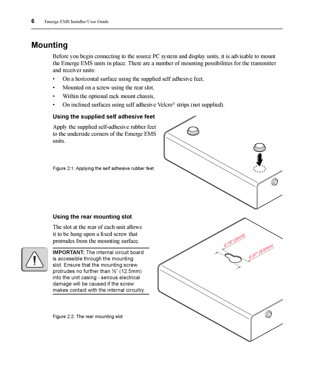 Avocent EMS1000P manual Mounting, Using the supplied self adhesive feet, Using the rear mounting slot 