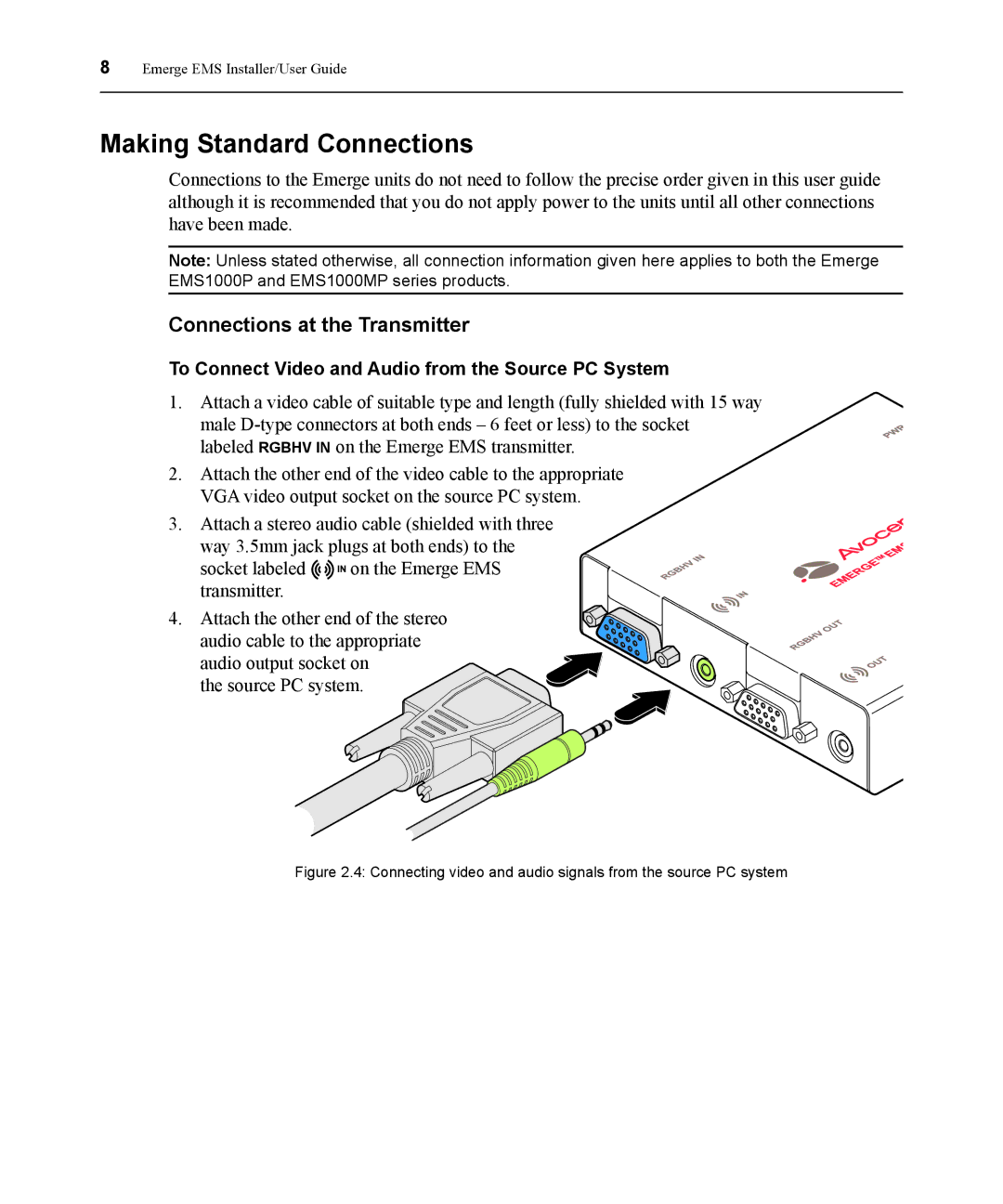 Avocent EMS1000P manual Making Standard Connections, Connections at the Transmitter 