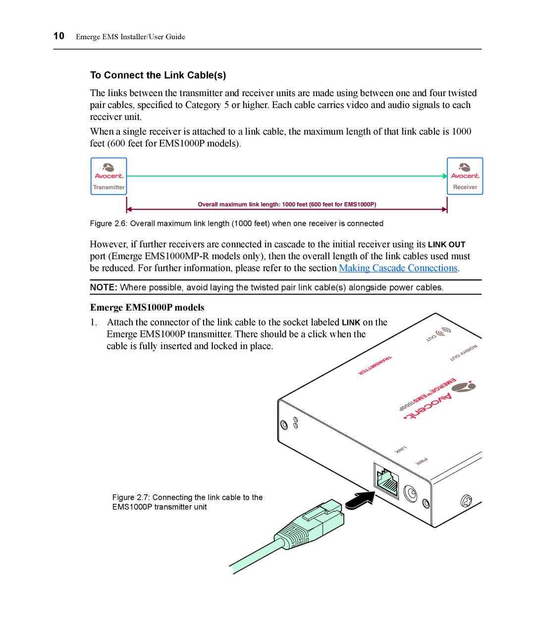 Avocent manual To Connect the Link Cables, Emerge EMS1000P models 