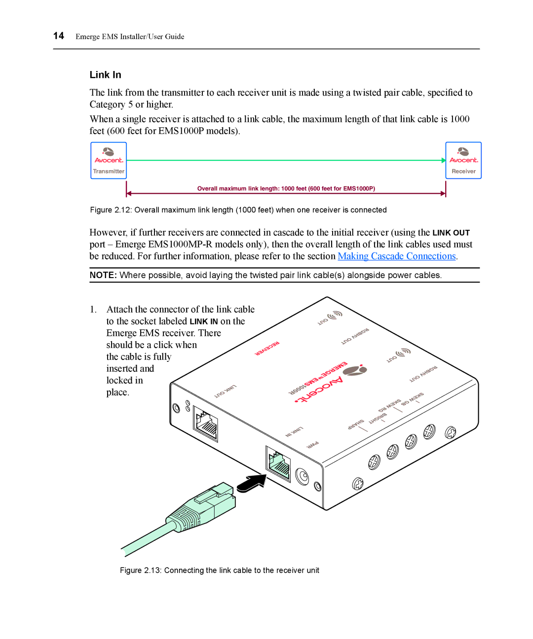 Avocent EMS1000P manual Link, Connecting the link cable to the receiver unit 