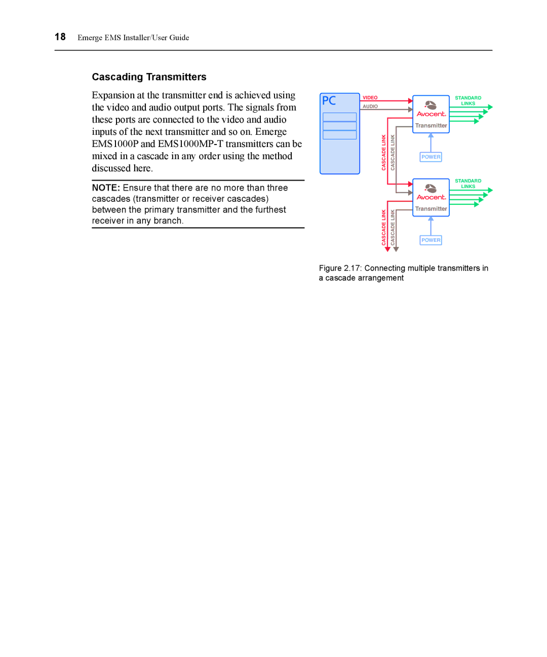 Avocent EMS1000P manual Cascading Transmitters, Connecting multiple transmitters in a cascade arrangement 