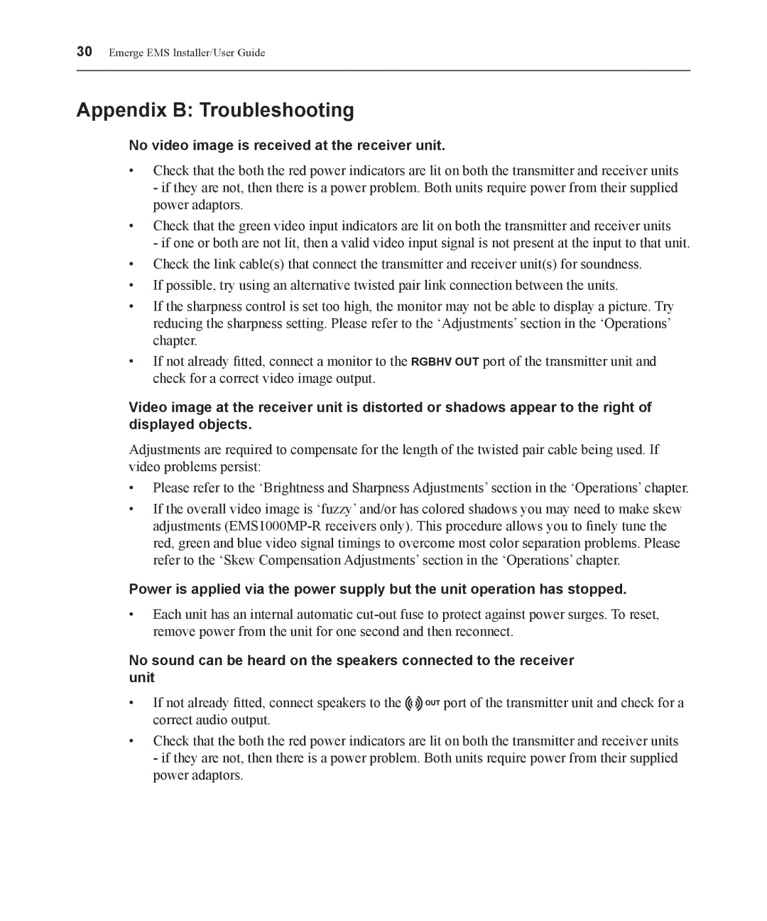 Avocent EMS1000P manual Appendix B Troubleshooting, No video image is received at the receiver unit 