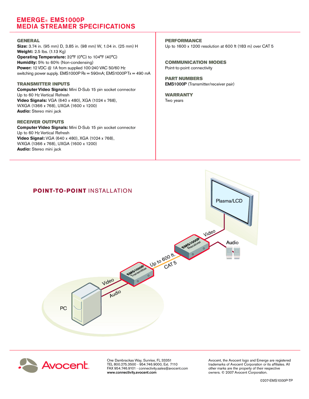 Avocent EMS1000P General, Transmitter Inputs, Receiver Outputs, Performance, Communication Modes, Part Numbers, Warranty 