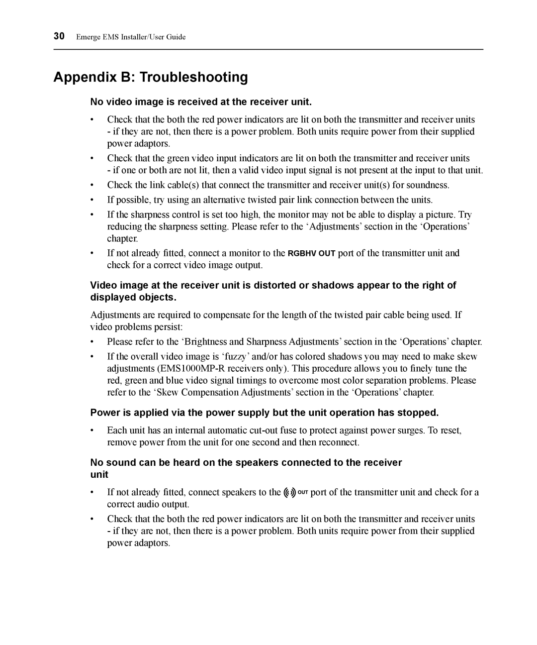 Avocent EMS1000P manual Appendix B Troubleshooting 