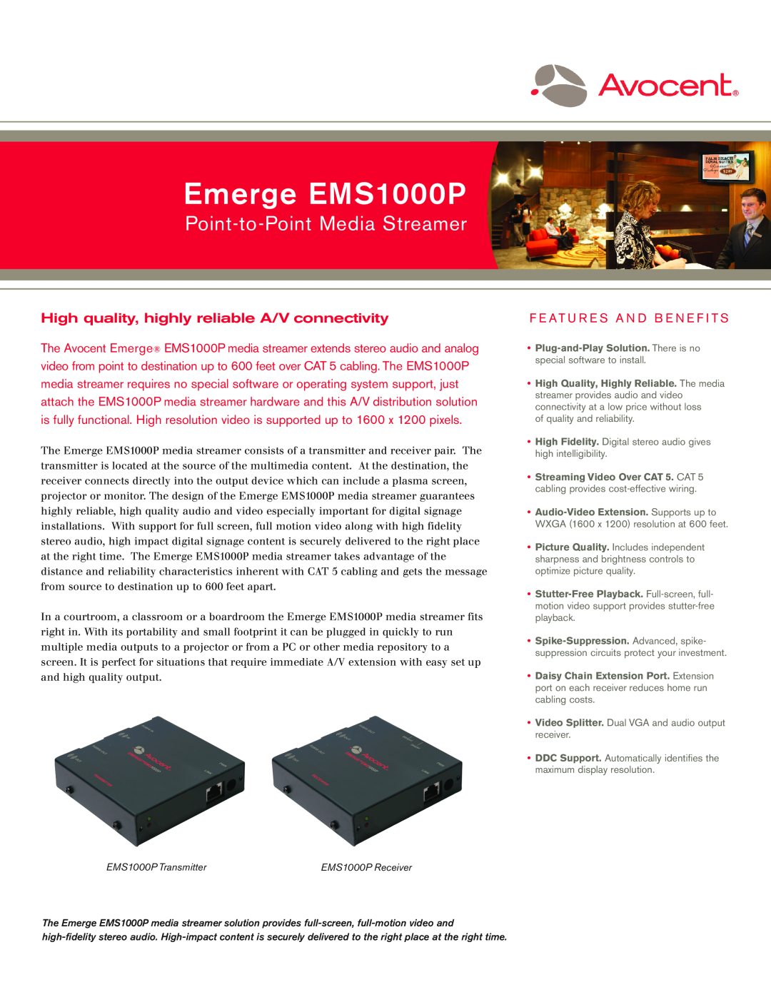 Avocent manual Emerge EMS1000P, Point-to-PointMedia Streamer, High quality, highly reliable A/V connectivity 