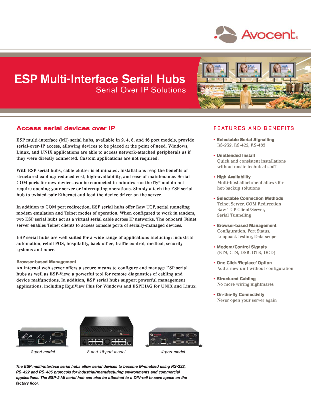 Avocent manual ESP Multi-Interface Serial Hubs, Serial Over IP Solutions, Access serial devices over IP 