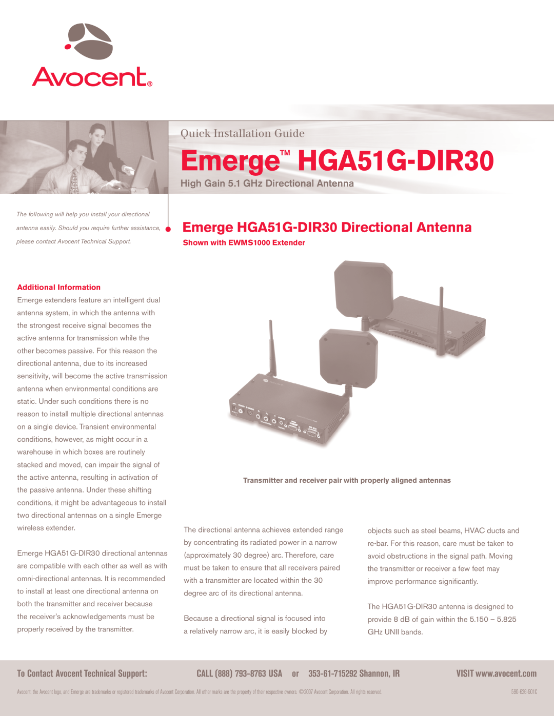 Avocent manual Emerge HGA51G-DIR30Directional Antenna, Additional Information, Quick Installation Guide 