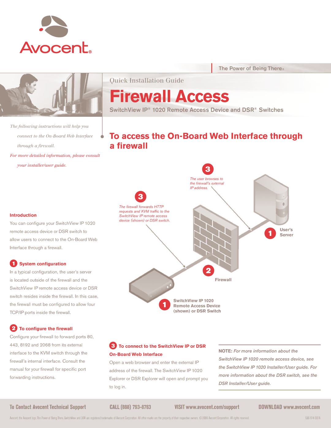 Avocent IP 1020 manual Firewall Access, To access the On-Board Web Interface through a firewall, Call 888, Introduction 