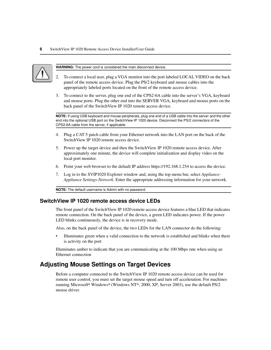 Avocent manual Adjusting Mouse Settings on Target Devices, SwitchView IP 1020 remote access device LEDs 