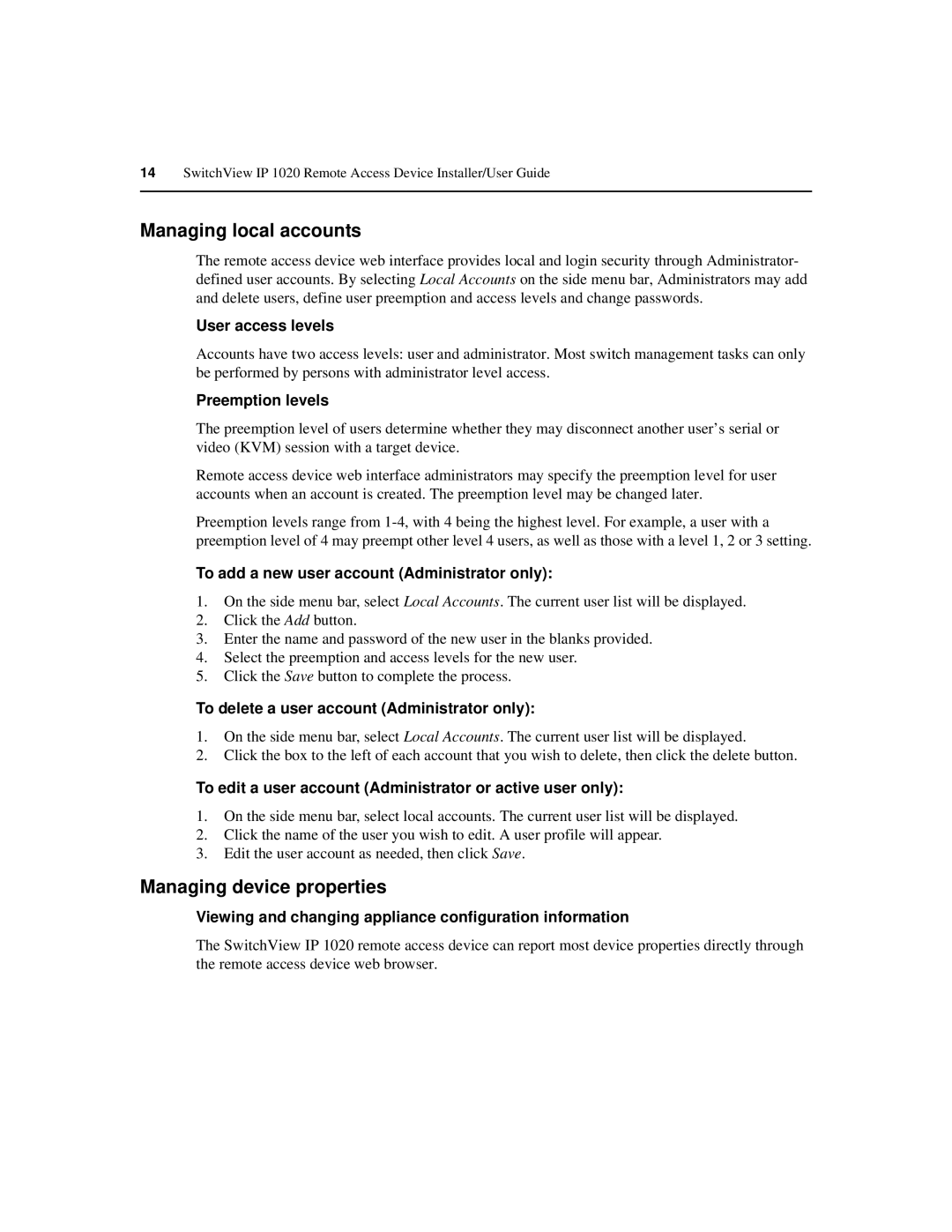 Avocent IP 1020 manual Managing local accounts, Managing device properties 