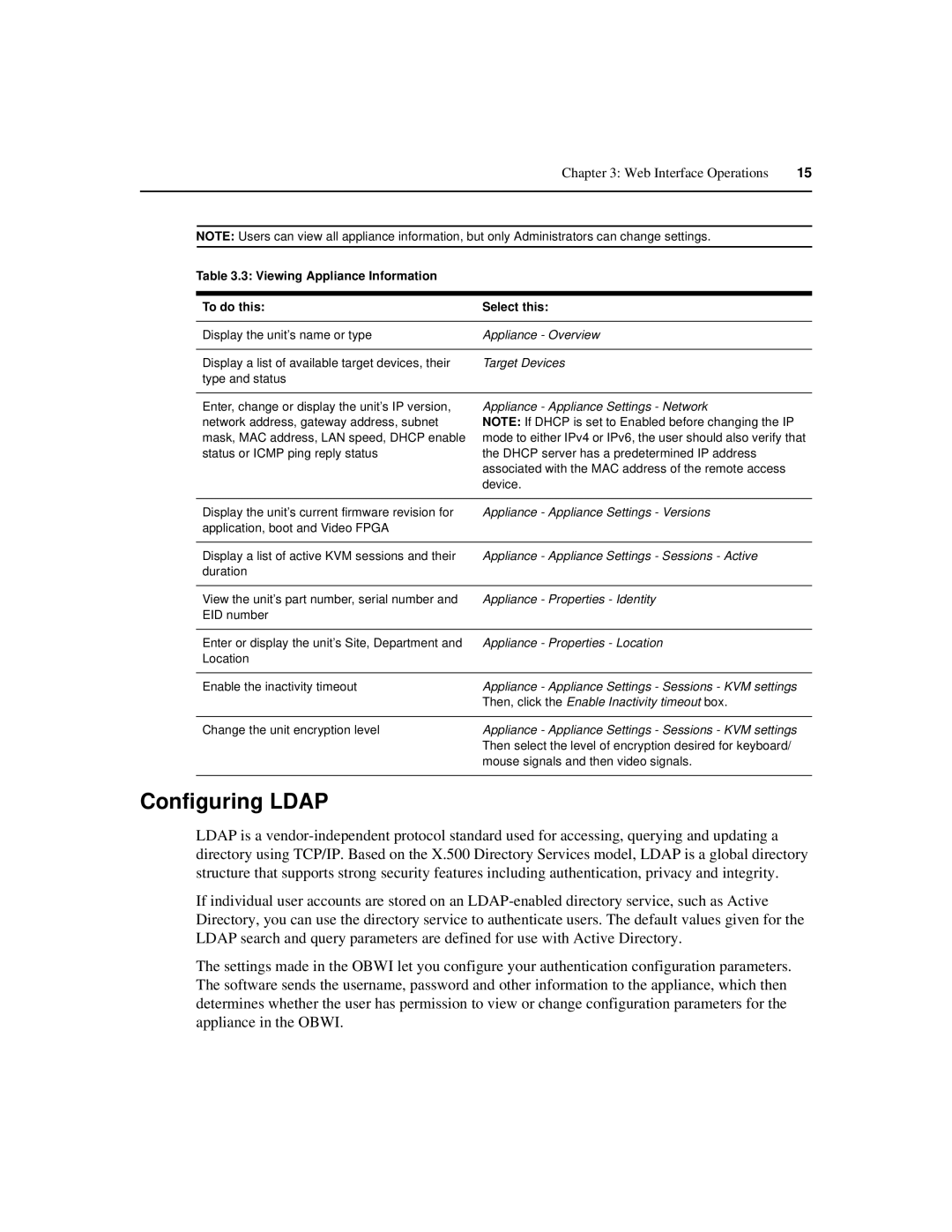 Avocent IP 1020 manual Configuring Ldap, Viewing Appliance Information To do this Select this 