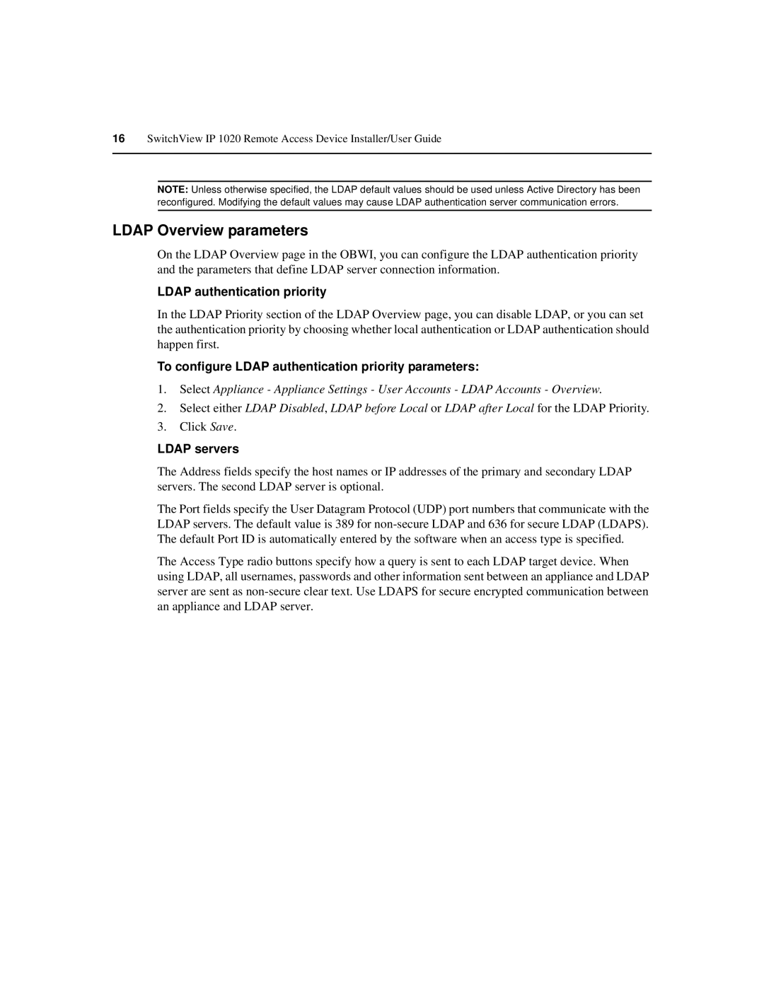 Avocent IP 1020 manual Ldap Overview parameters, Ldap authentication priority, Ldap servers 