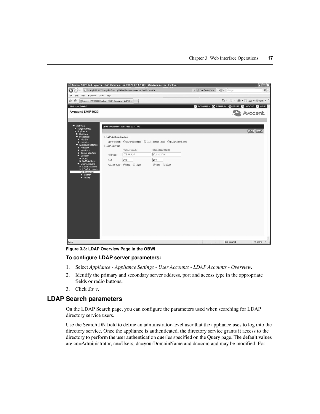 Avocent IP 1020 manual Ldap Search parameters, To configure Ldap server parameters 