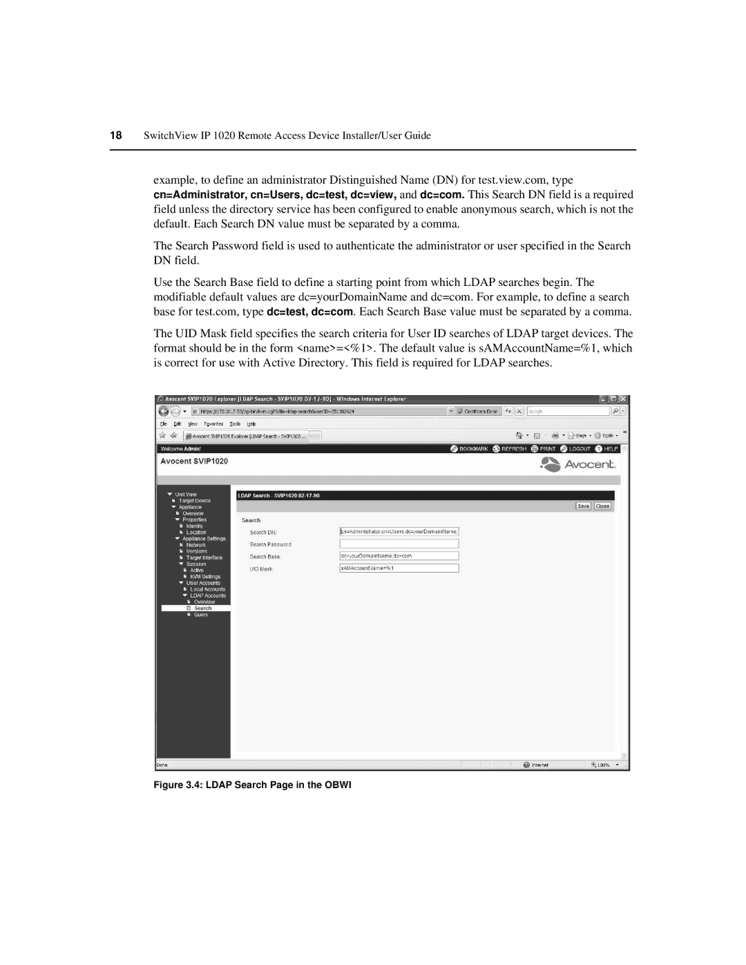 Avocent IP 1020 manual Ldap Search Page in the Obwi 