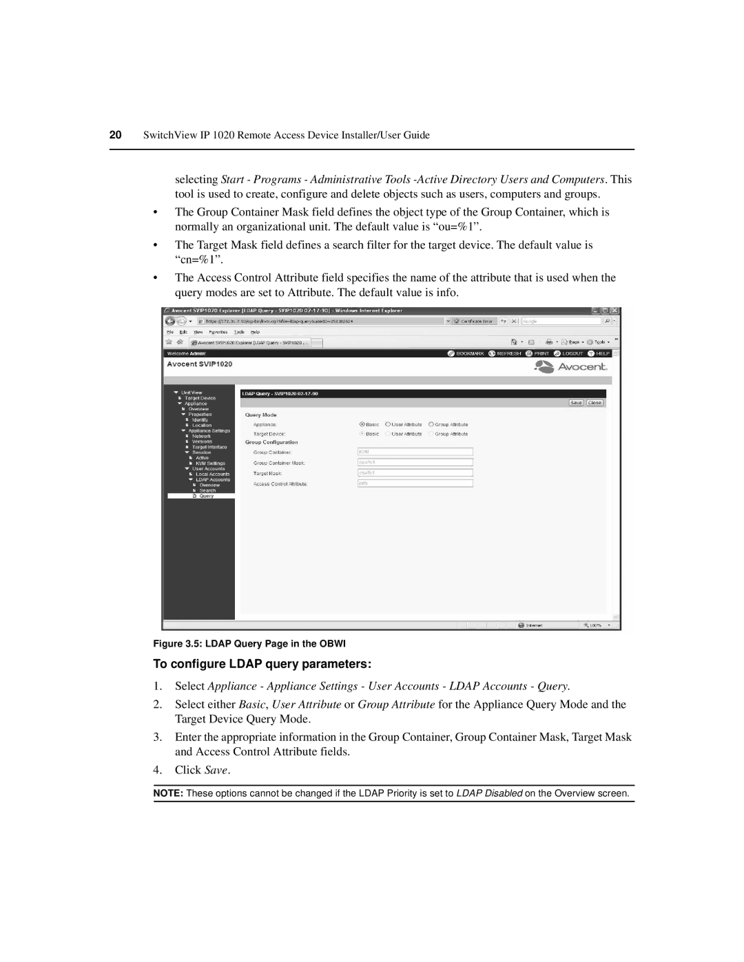 Avocent IP 1020 manual To configure Ldap query parameters, Ldap Query Page in the Obwi 