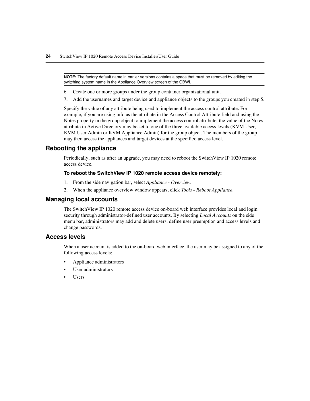 Avocent IP 1020 manual Rebooting the appliance, Access levels 