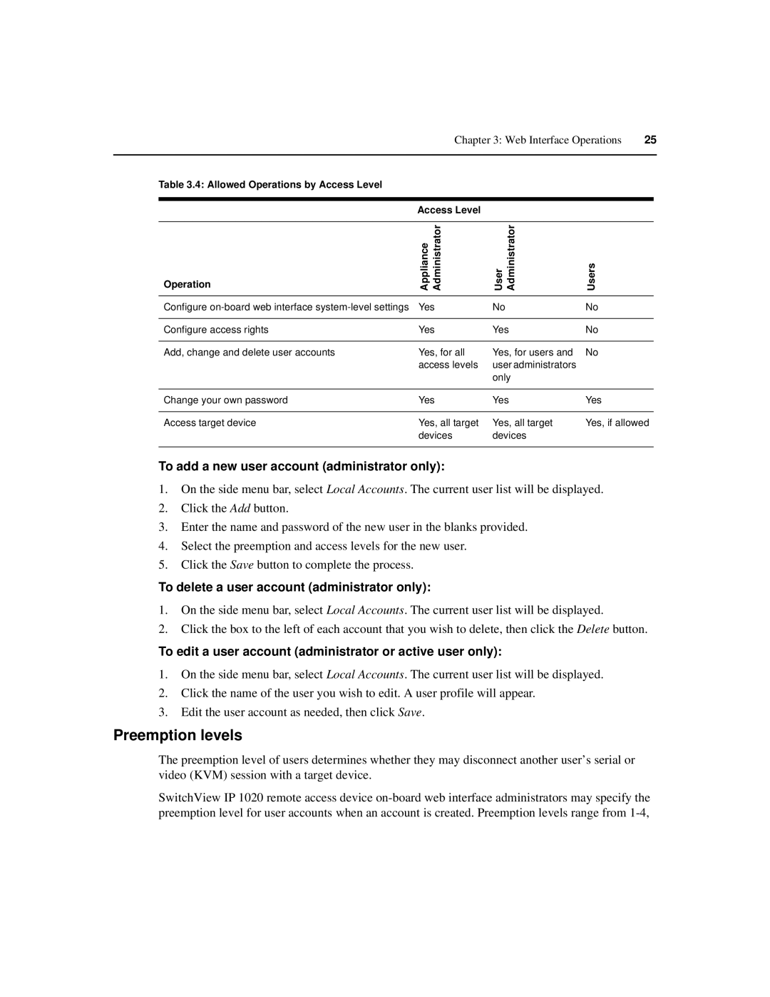 Avocent IP 1020 manual Preemption levels, To add a new user account administrator only 