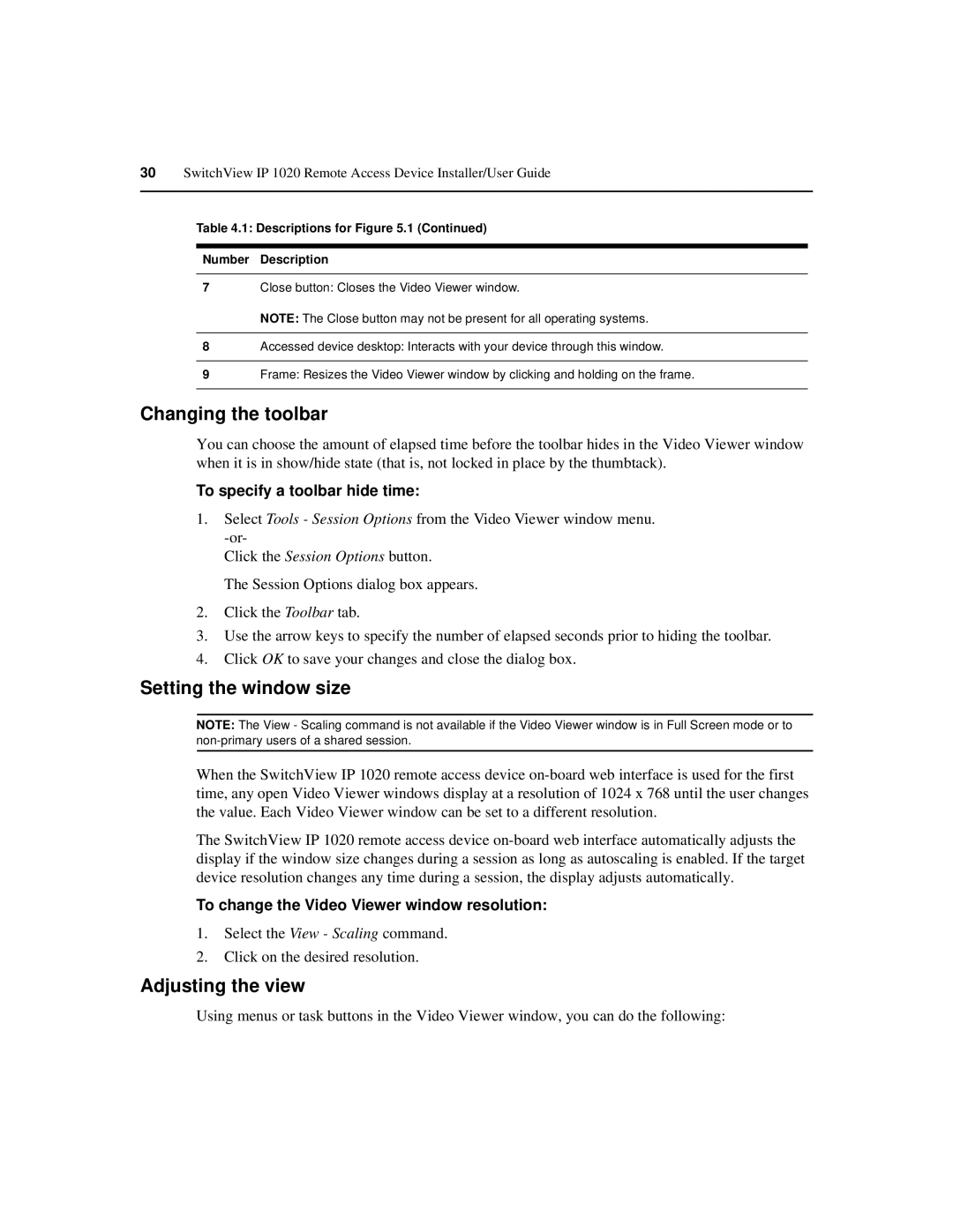 Avocent IP 1020 manual Changing the toolbar, Setting the window size, Adjusting the view, To specify a toolbar hide time 