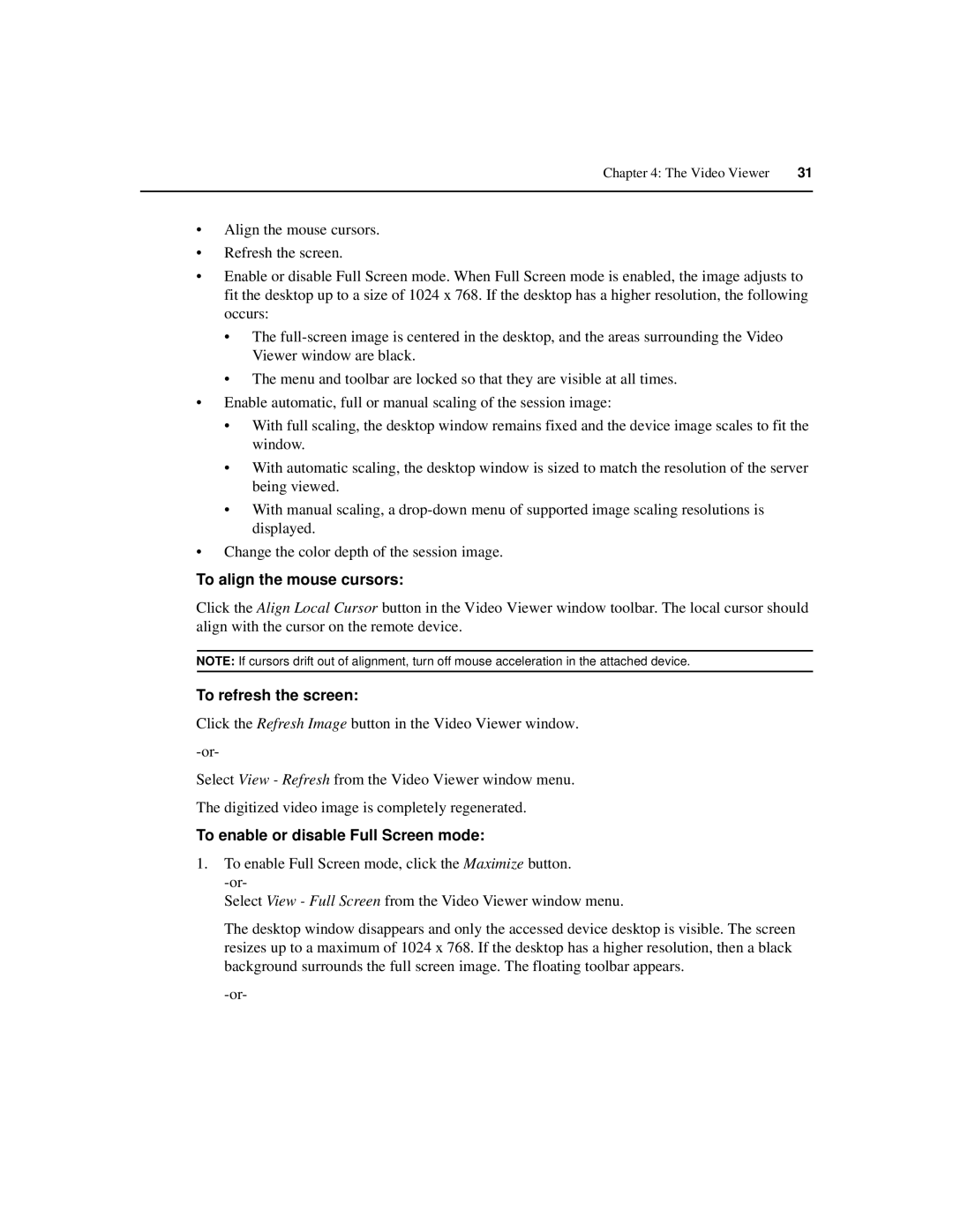 Avocent IP 1020 manual To align the mouse cursors, To refresh the screen, To enable or disable Full Screen mode 