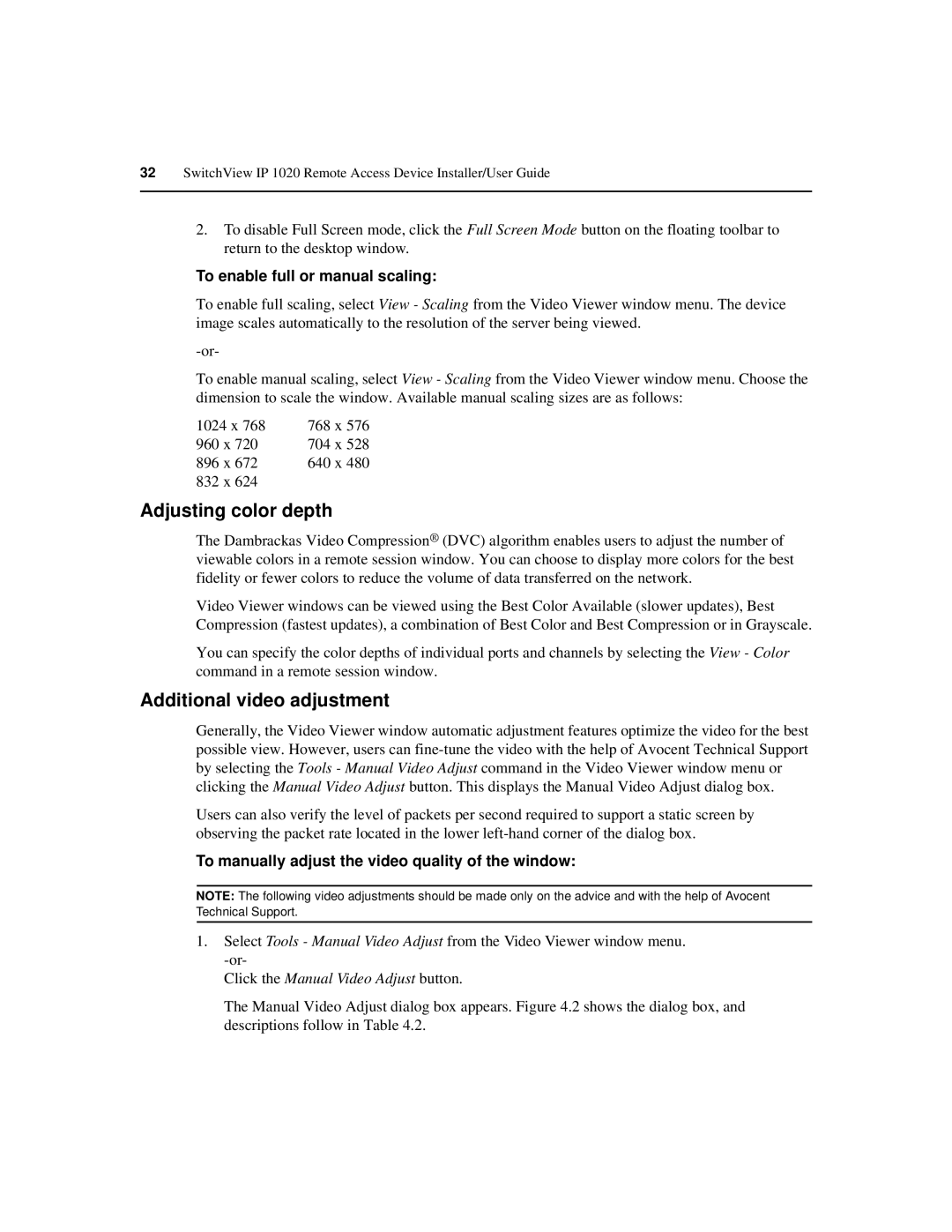 Avocent IP 1020 Adjusting color depth, Additional video adjustment, To enable full or manual scaling 