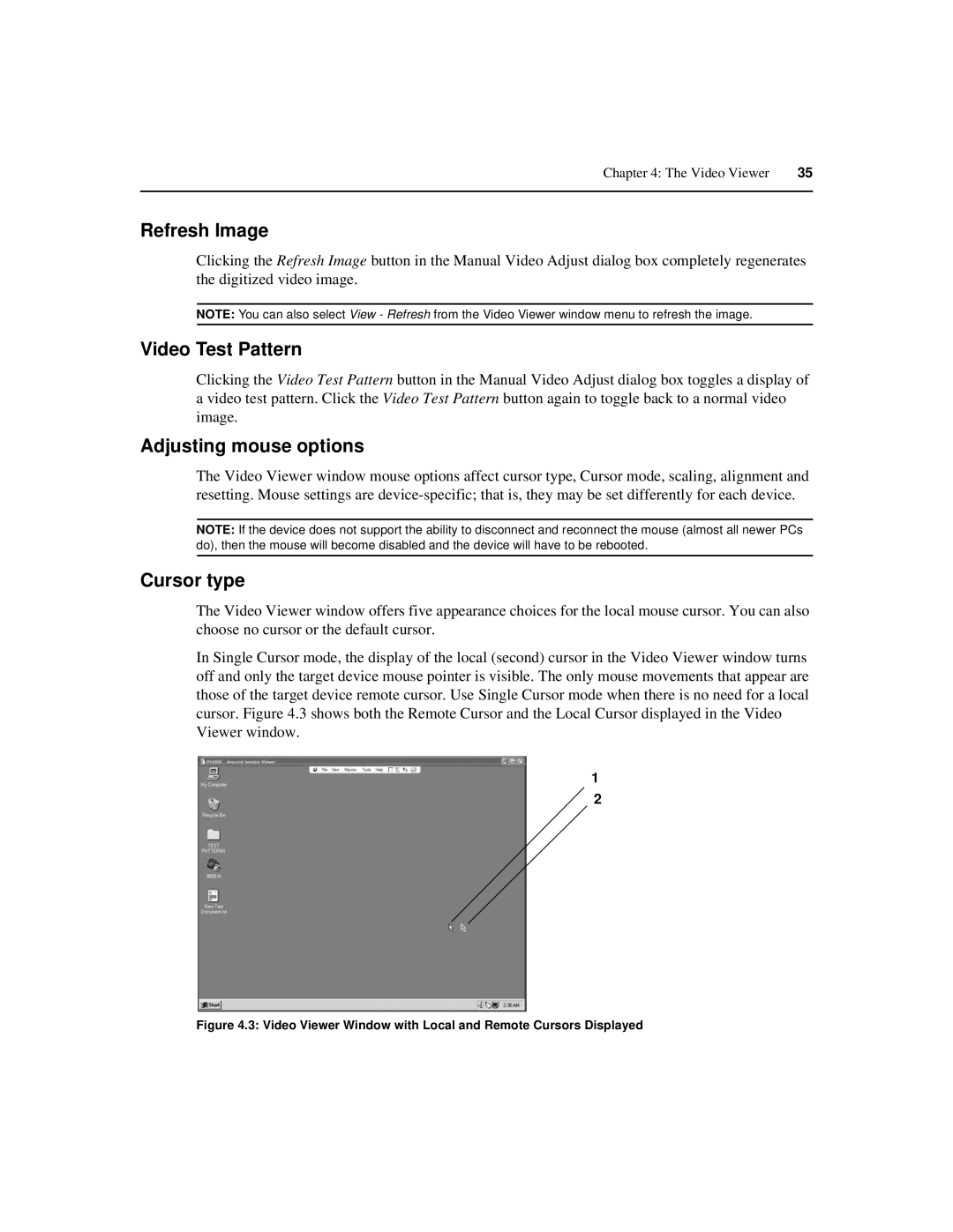 Avocent IP 1020 manual Refresh Image, Video Test Pattern, Adjusting mouse options, Cursor type 