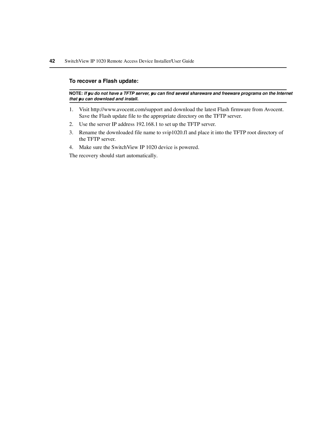 Avocent IP 1020 manual To recover a Flash update 