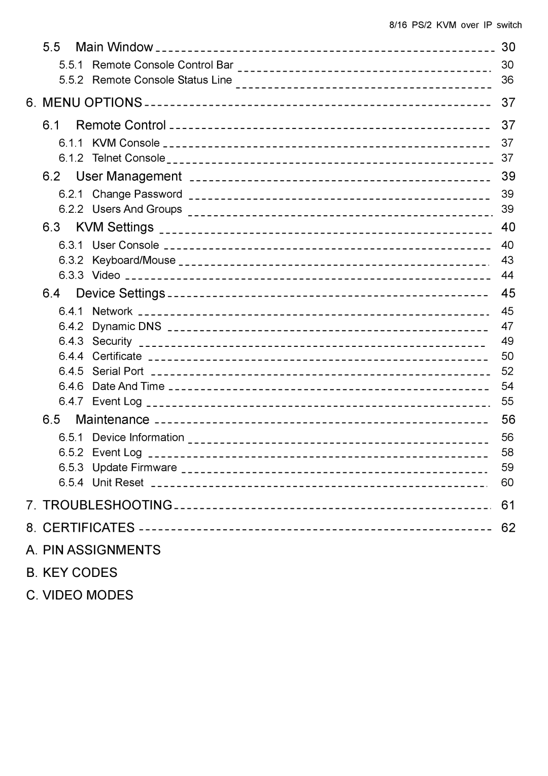 Avocent KVM over IP switch user manual Menu Options 