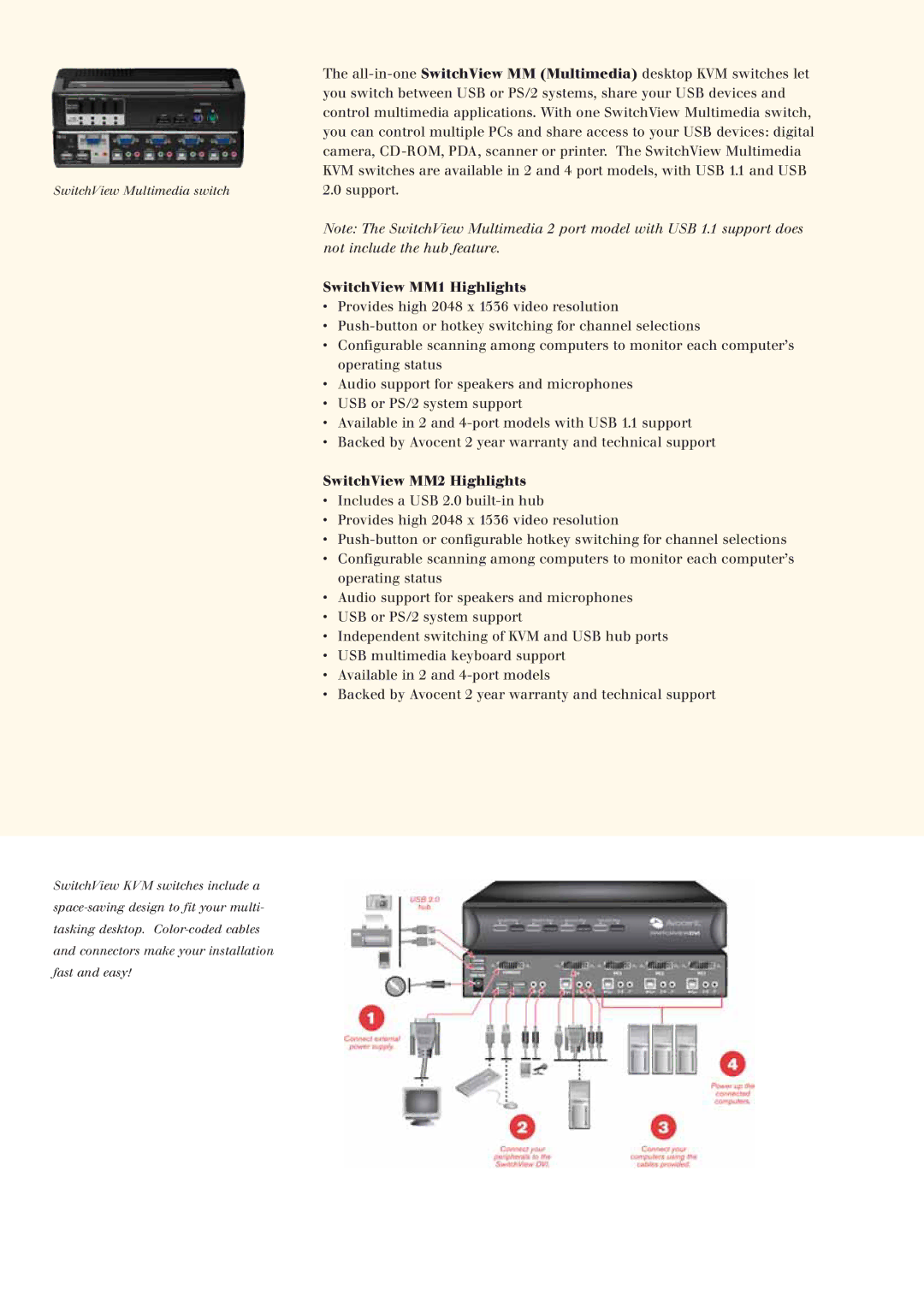 Avocent KVM Switches manual SwitchView MM1 Highlights, SwitchView MM2 Highlights 