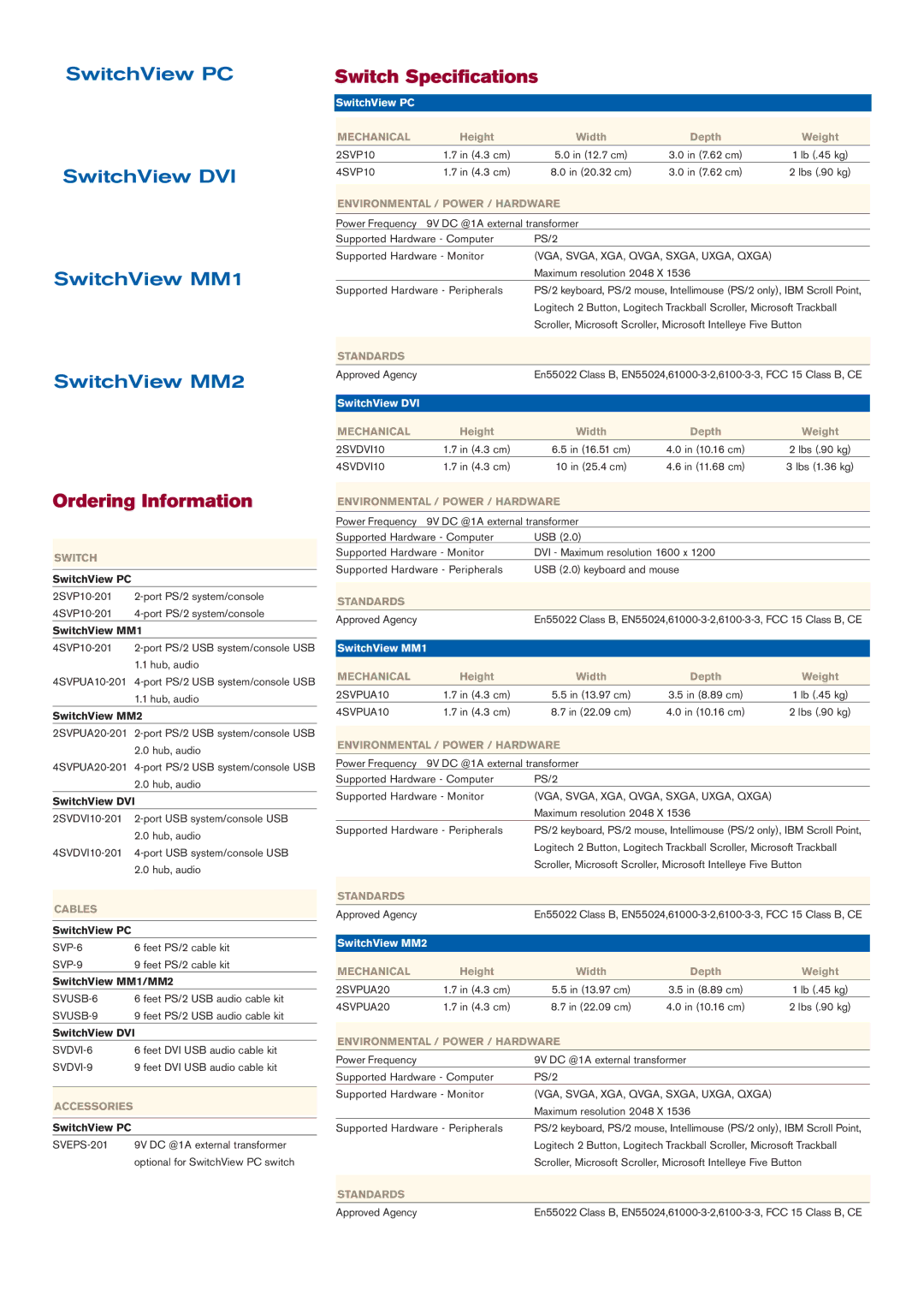 Avocent KVM Switches manual Ordering Information, Switch Specifications 