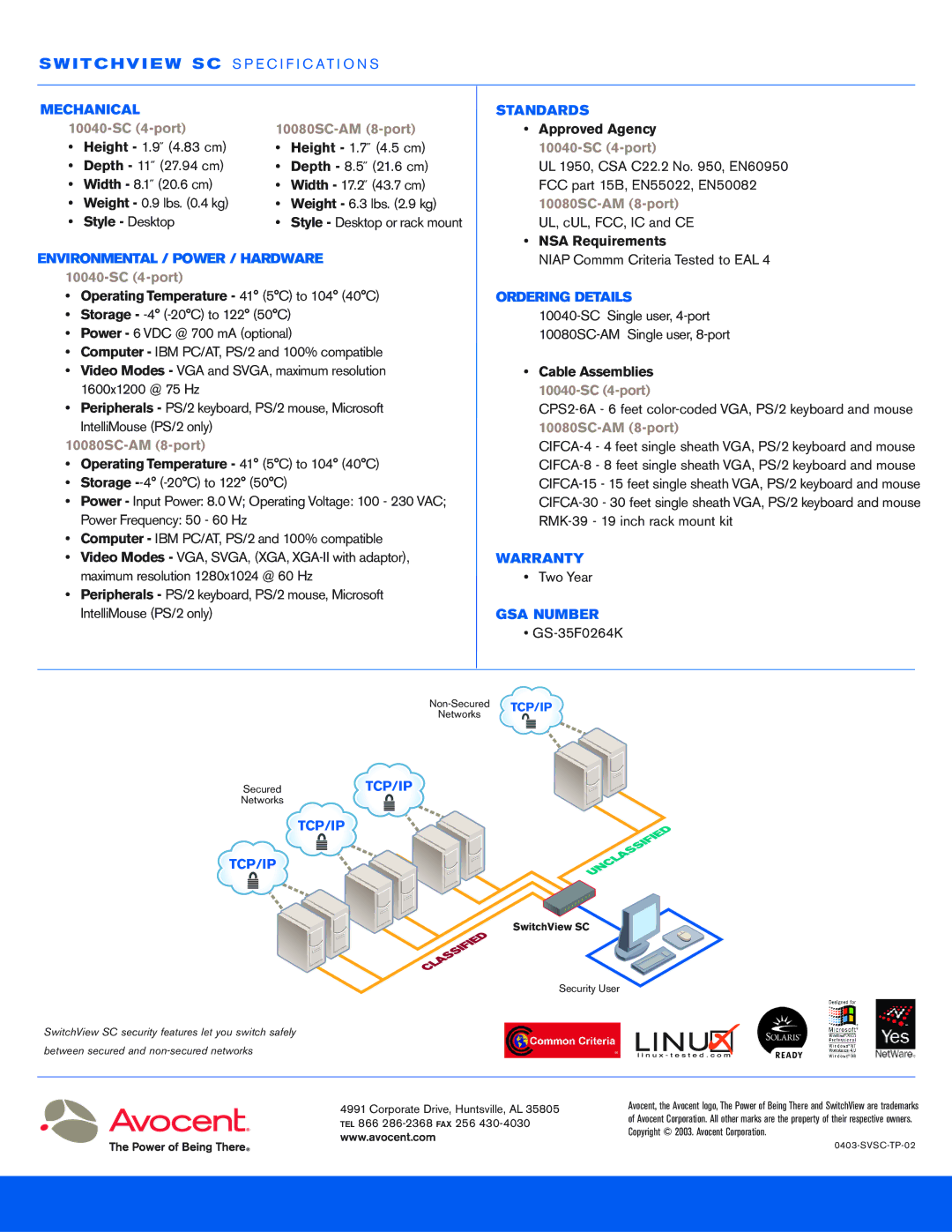 Avocent KVM Switching manual Standards, Ordering Details, Warranty, GSA Number 