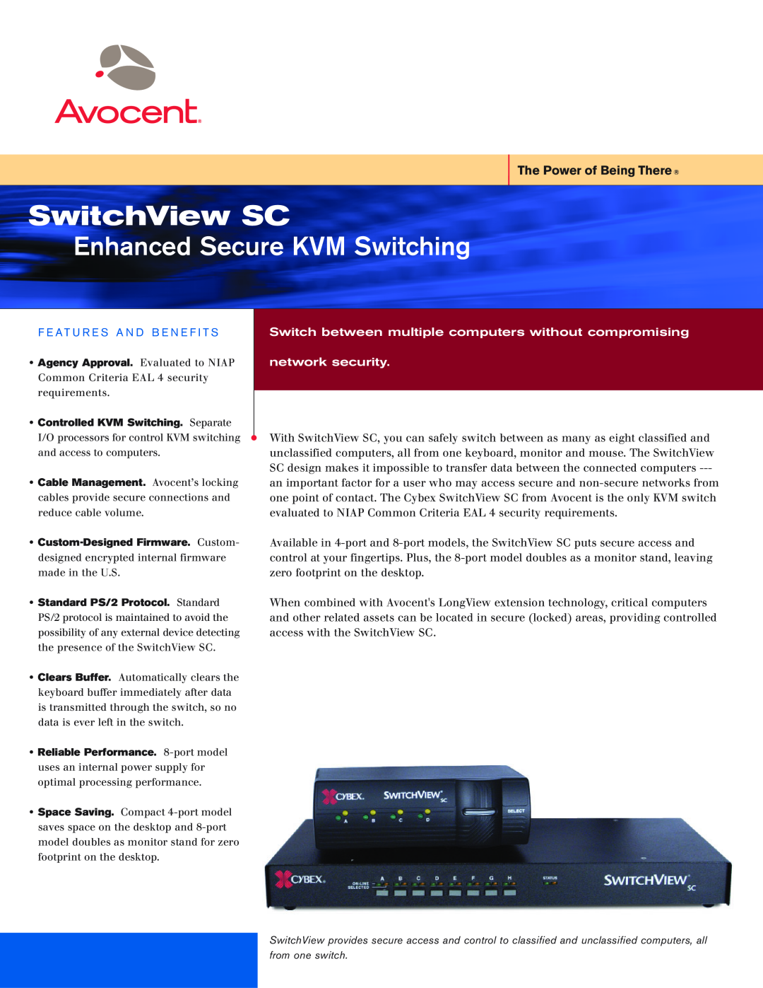 Avocent manual F E At U R E S A N D B E N E F I T S, SwitchView SC, Enhanced Secure KVM Switching, network security 